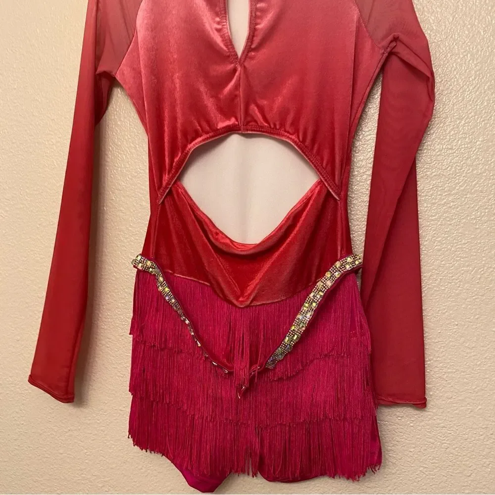 WEISSMAN Dance Costume hot pink fringe velvet mesh sleeve All The Ways 13290 SA